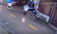 Clip: Thót tim cảnh cô gái ngã cắm đầu vì vừa đạp xe vừa cầm ô
