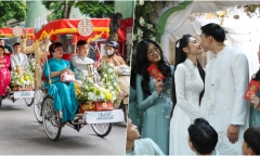 Gia đình Đoàn Văn Hậu ngồi xích lô, đón cô dâu Doãn Hải My trong lễ ăn hỏi