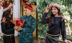 H'hen Niê đội vòng hoa, diện trang phục truyền thống của người Ê-đê bên chồng trong ngày trọng đại