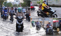 Triều cường dâng cao, người dân TP.HCM vật vã vượt nước ngập, kẹt xe về nhà