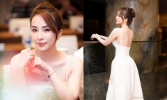 Quỳnh Nga nổi bật với váy áo khoe lưng trần, da trắng không tì vết trong họp báo phim mới 