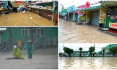 Nước ngập tứ bề vì mưa lớn kéo dài, người dân Quảng Nam phải bì bõm lội đi khám bệnh