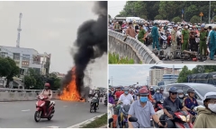 Hiện trường giao thông ùn tắc sau vụ 2 xe máy bốc cháy dữ dội trên cầu vượt tại TP.HCM
