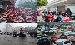 Mưa lớn, đường phố Hà Nội tắc khắp nơi, người dân chật vật tìm đường di chuyển