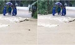 Mẹ chở 2 con đi qua cầu tràn bị nước lũ cuốn trôi 