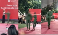 Xôn xao nam sinh mặc đồ quân sự đi giày cao gót catwalk, Trường ĐH Văn Lang nói gì?