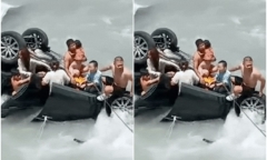Clip: Nghẹt thở cảnh giải cứu ô tô chở 7 người lao xuống dòng nước xiết