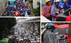 Người dân Thủ đô chật vật trong cảnh tắc đường, xe cộ nhích từng mét trong mưa rét