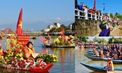 Hàng nghìn người chen kín hai bên bờ sông Dinh xem hội thuyền hoa 