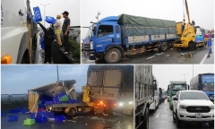 Tai nạn trên cầu Thanh Trì: 2 xe tải đâm nhau, Vành đai 3 ùn tắc kéo dài