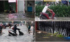 Người dân TP.HCM bì bõm dắt xe sau trận mưa lớn khiến nhiều tuyến đường “biến thành sông”