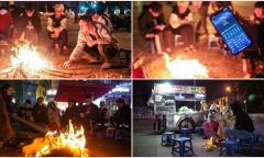 Người dân Hà Nội đốt lửa trên vỉa hè để sưởi ấm giữa đêm rét đậm