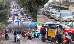 Đường phố Hà Nội ùn tắc trong ngày cận Tết, người dân chật vật di chuyển