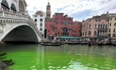 Italy: Mảng nước màu xanh bất thường xuất hiện trên kênh đào Grand ở Venice