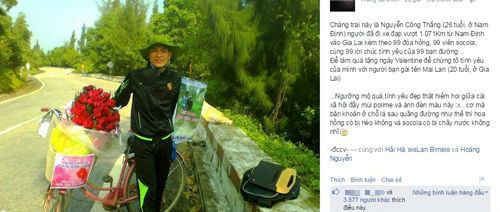 Tranh cãi chuyện “Chàng trai đạp xe 1071 km tặng hoa cho bạn gái”