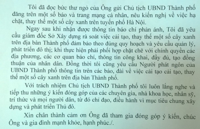 Chặt 6.700 cây xanh: Chủ tịch Hà Nội gửi thư cho ông Trần Đăng Tuấn