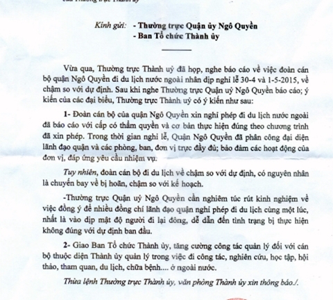 Đoàn lãnh đạo đi du lịch nước ngoài hết lễ chưa về: Thành ủy Hải Phòng lên tiếng