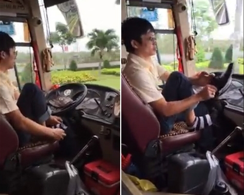 Clip: Tài xế xe khách bỏ vô lăng để... đi tất, xỏ giày