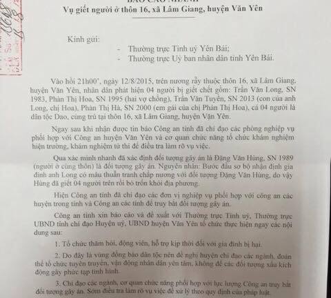 Báo cáo nhanh của công an tỉnh Yên Bái về vụ thảm sát 4 người