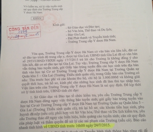 Phớt lờ công văn của tỉnh Gia Lai, trường Trung cấp Y dược Hà Nam vẫn tuyển sinh