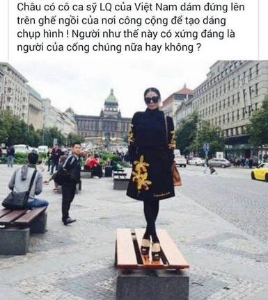 Lệ Quyên lại gây tranh cãi khi đứng lên ghế chụp ảnh ở quảng trường Praha