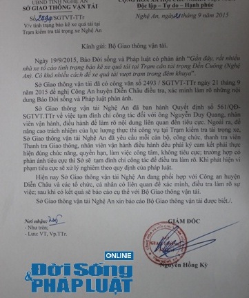 Sở GTVT Nghệ An phản hồi thông tin tiêu cực đăng trên báo ĐSPL