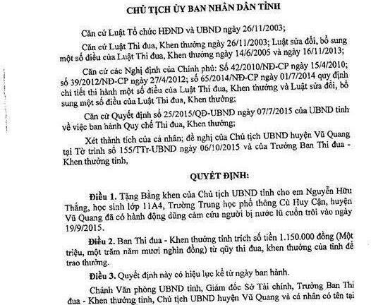 Hà Tĩnh: CT UBND tỉnh tặng Bằng khen cho nam sinh dũng cảm cứu người trong lũ