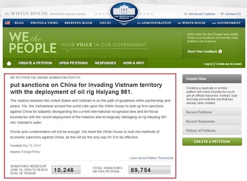 Chỉ còn 10 nghìn chữ ký để Mỹ phản hồi việc trừng phạt TQ
