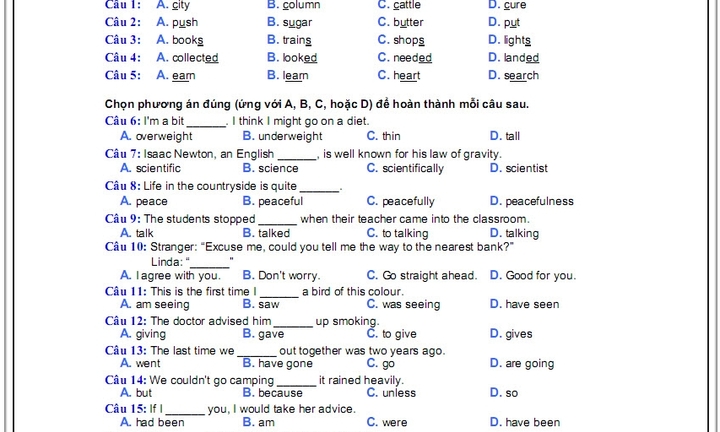Đáp án đề thi cao đăng môn Tiếng Anh khối A1, D năm 2014