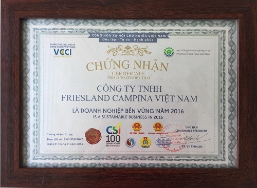 FrieslandCampina Việt Nam được vinh danh Top 10 doanh nghiệp bền vững 2016