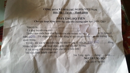Trường soạn sẵn “Giấy ủng hộ tiền”, phụ huynh bức xúc không ký