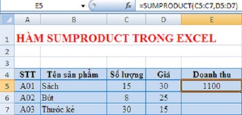 Hướng dẫn chi tiết cách dùng hàm Sumproduct trong Excel để tính công