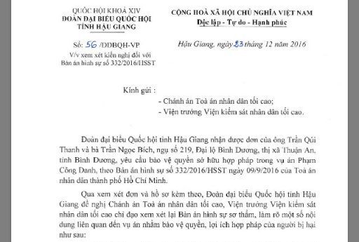 Đoàn Đại biểu Quốc Hội tỉnh Hậu Giang gửi kiến nghị về vụ án Phạm Công Danh