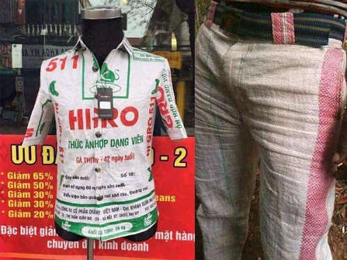 Bao tải cám lợn tái chế thành sản phẩm thời trang đắt tiền