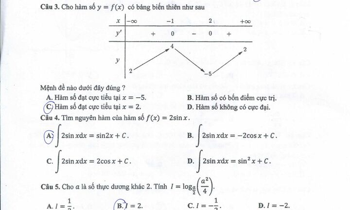 Đáp án đề thi môn Toán mã đề 105 THPT quốc gia năm 2017