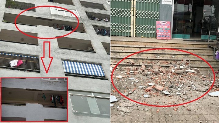 Hoảng hồn vì mảng tường lớn từ tầng 7 chung cư rơi xuống