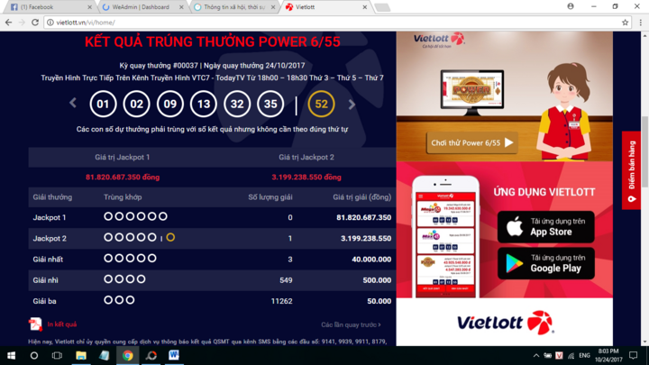 Kết quả xổ số Vietlott hôm nay 24/10: Lại có người may mắn trúng giải Jackpot