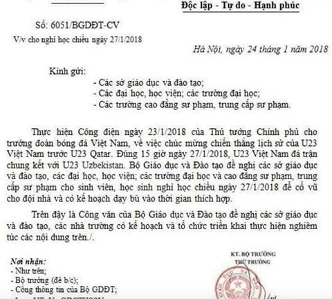 Cảnh giác công văn giả mạo cho sinh viên nghỉ học cổ vũ U23 Việt Nam
