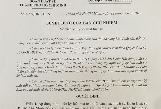 Đoàn Luật sư TP.HCM quyết định xóa tên luật sư Phạm Công Út
