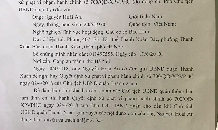 Hà Nội: UBND quận phải đình chỉ quyết định vì xử phạt lỗi không có thực
