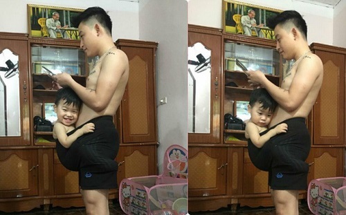 Dân mạng ''phát sốt'' với em bé thích chui vào quần bố ngồi mới chịu ngủ