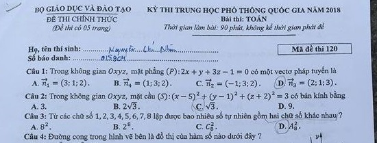 Đáp án, đề thi môn Toán mã đề 120 THPT quốc gia 2018