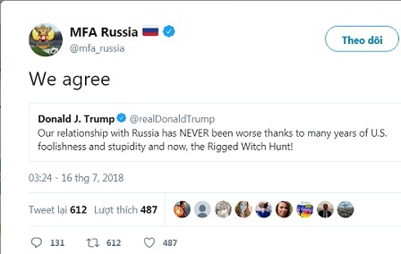 Bộ ngoại giao Nga đồng ý với ông Trump: 
