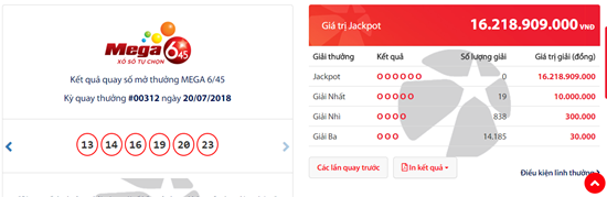 Kết quả xổ số Vietlott hôm nay 20/7/2018: 