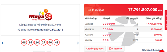 Kết quả xổ số Vietlott hôm nay 25/7/2018: Jackpot “khủng” đung đưa chờ chủ nhân