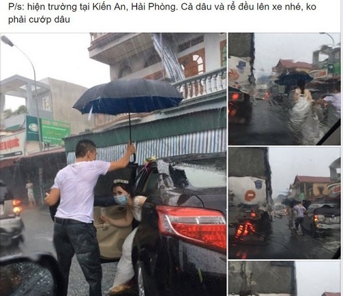 Ảnh đẹp ngày mưa lũ: Tài xế xe tải tốt bụng che ô đưa cô dâu về nhà chồng