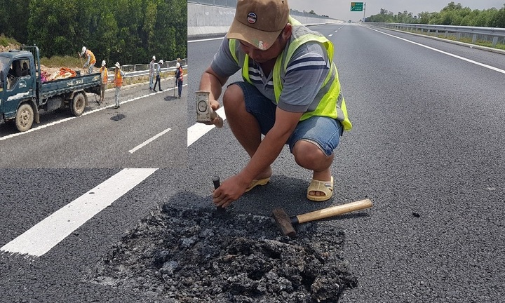 Ổ gà trên cao tốc Đà Nẵng - Quảng Ngãi: Vá qua loa, dùng tay cũng bóc được nhựa đường