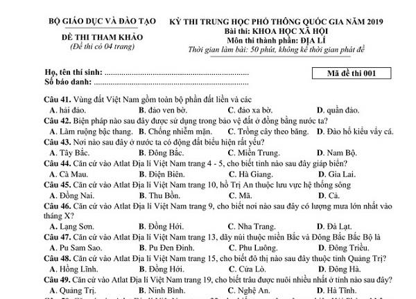 Bộ GD - ĐT công bố đề thi tham khảo THPT quốc gia 2019 môn Địa lý