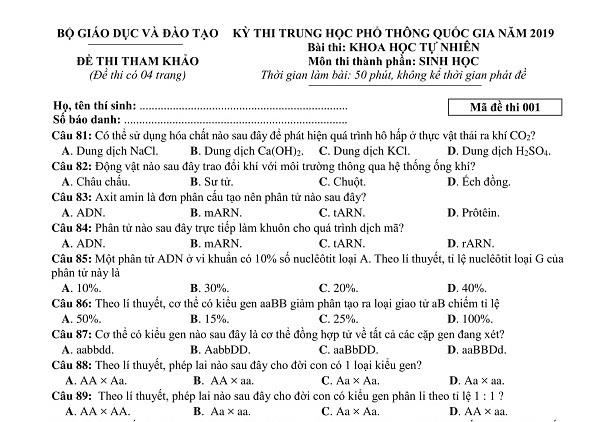 Bộ GD - ĐT công bố đề thi tham khảo THPT quốc gia 2019 môn sinh học