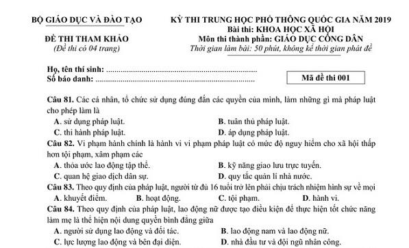 Bộ GD - ĐT công bố đề thi tham khảo THPT quốc gia 2019 môn Giáo dục công dân